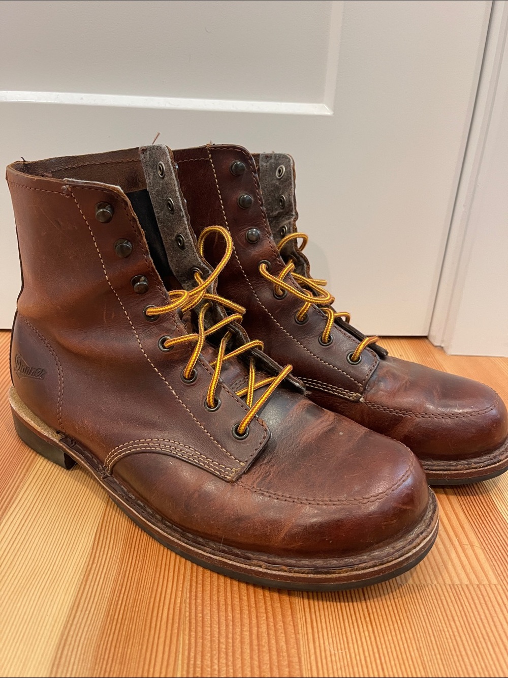 Danner Brown Leather Moc Toe Boots with Yellow Laces